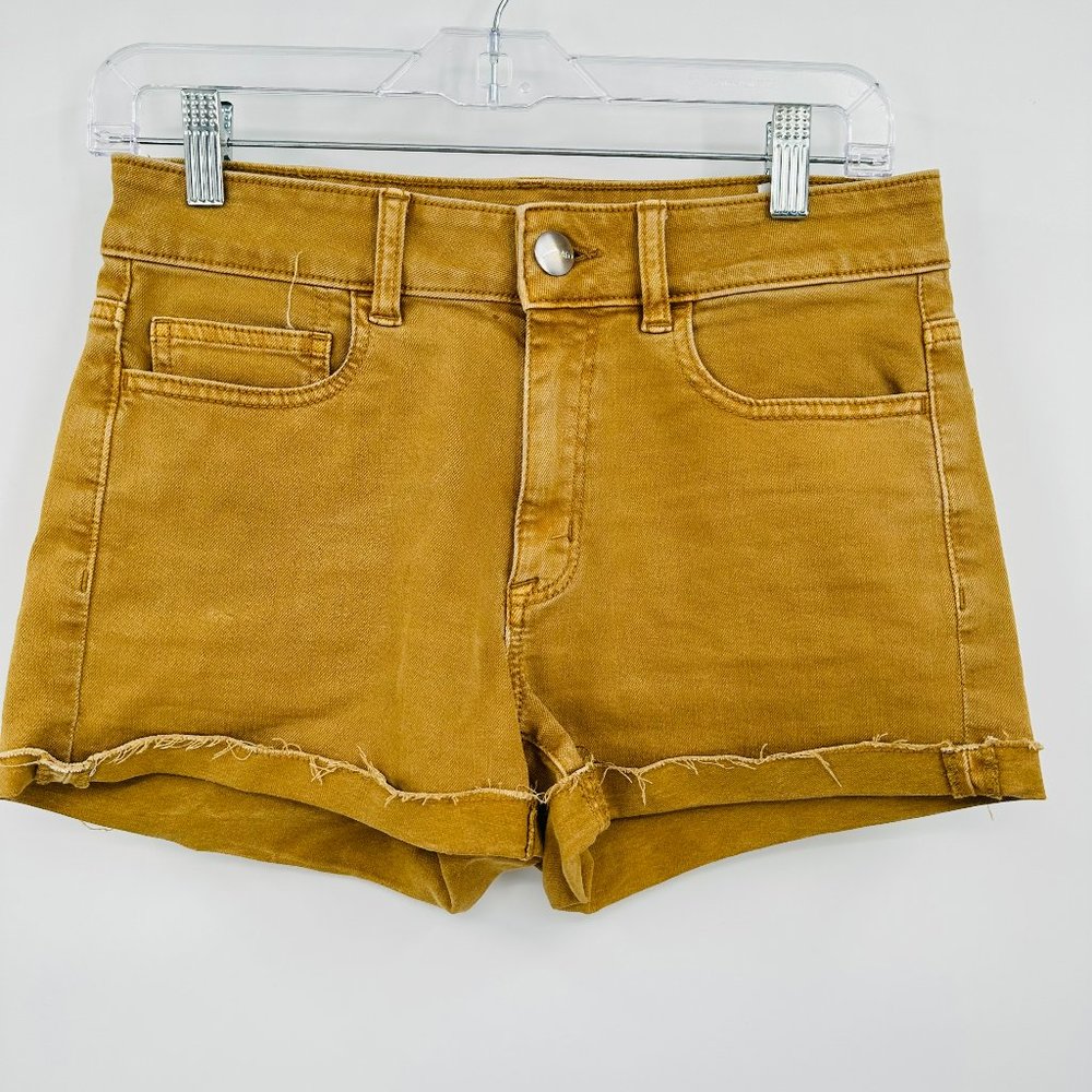 AE American Eagle Size 6 Mustard Yellow Hi-Rise Shortie Raw Hem Cuffed Shorts